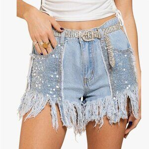 POL light wash denin embellished fringe sequin twill bohodistressed short M